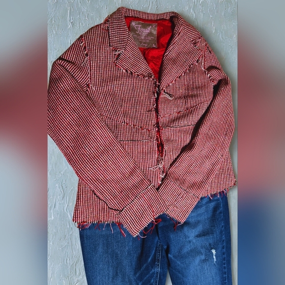 Womens Fossil Vintage Fitted Blazer Red Striped Raw Edges Layering Large - Picture 8 of 8